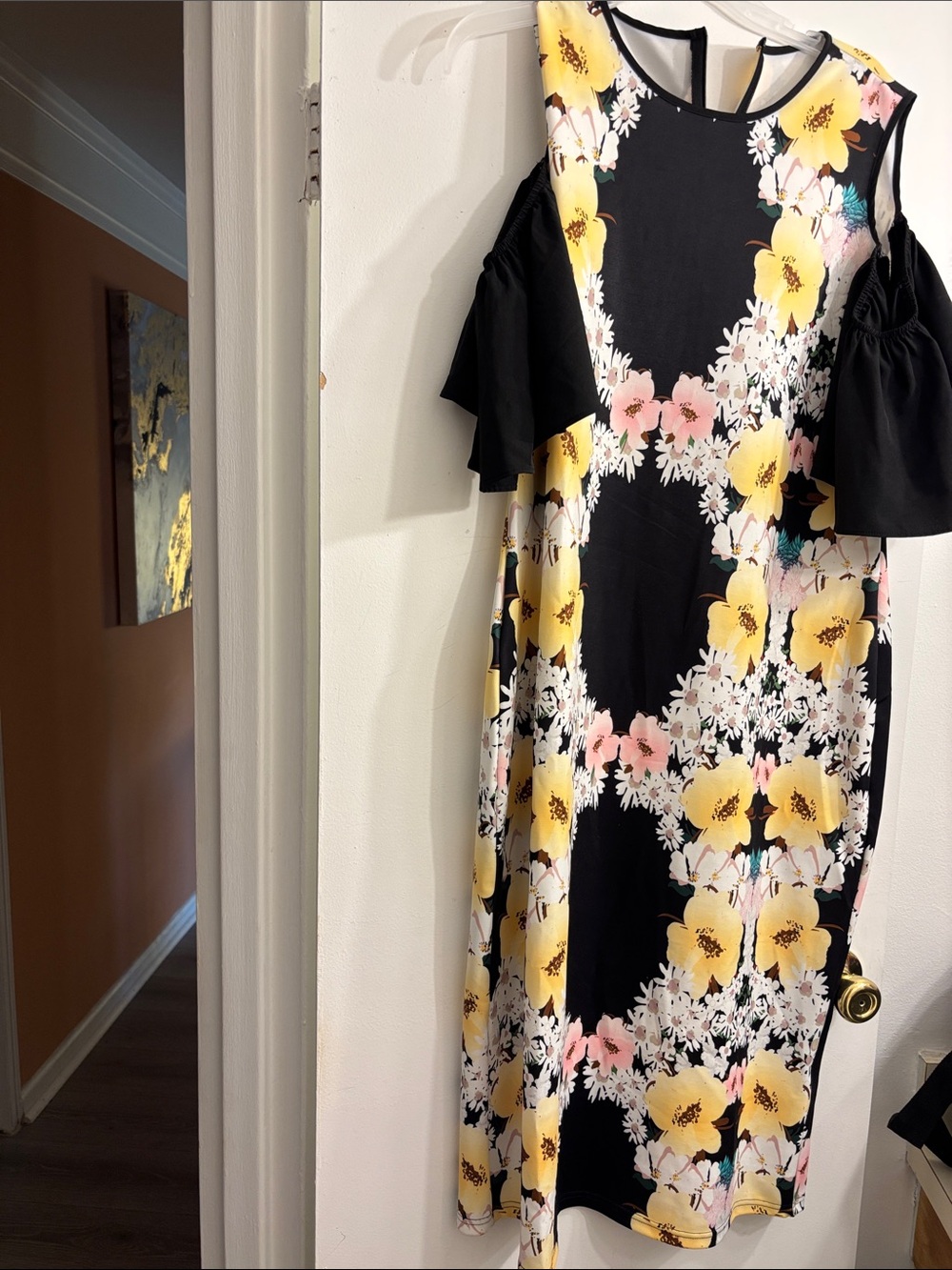 SHEIN Black Floral Cold-Shoulder Dress with Yellow and Pink Blooms